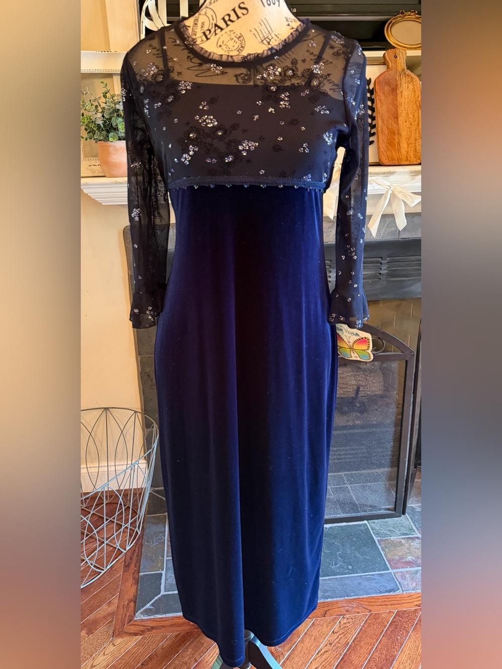 NWT Vintage 90s My Michelle Navy Velvet Maxi Dress Mesh Overlay Whimsigoth Y2K